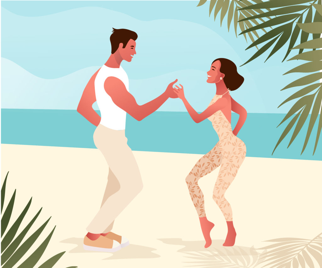 Salsa on a beach, summer dance party. Beautiful young couple dancing outdoor. Party Island Curacao Rob Land Reizen